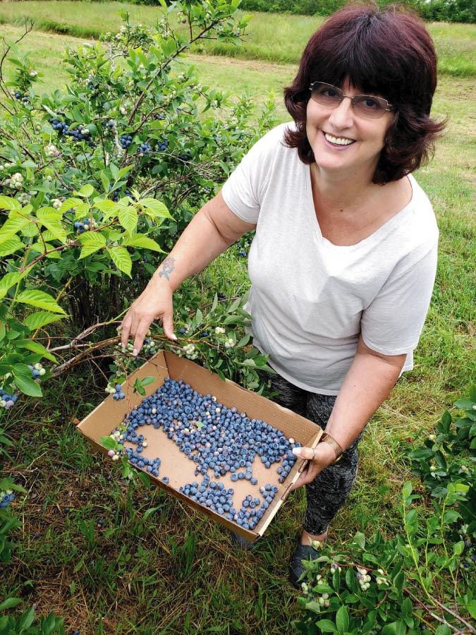 women holding a box of picked blueberries from the apple and berry trail