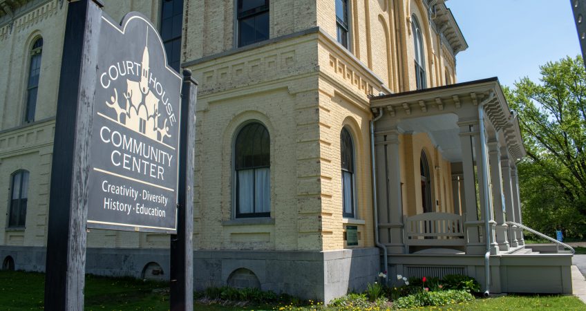 Profile view of the Historic Salem Courthouse's front and signage, a prime example of adaptive reuse in Washington County